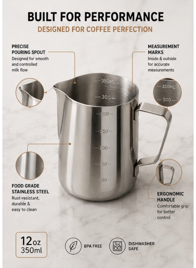 Stainless Steel Milk Steaming Pitcher 350ml (12 oz) – Milk Frothing Cup with Internal Measurement Markings, Latte Art Pitcher with Ergonomic Handle; Ideal for Espresso, Cappuccino, and Latte Preparation - Image 3