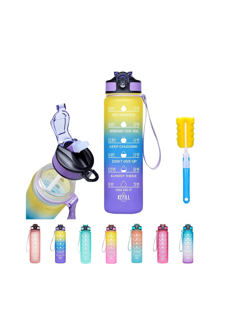 TYCOM Water Bottles 1L with Times to Drink and Straw, Motivational Water Bottle with Time Marker, Leakproof Drinking Sports Water Bottle for Fitness, Gym & Outdoor - Straw YellowGreenPurple  - Image 1