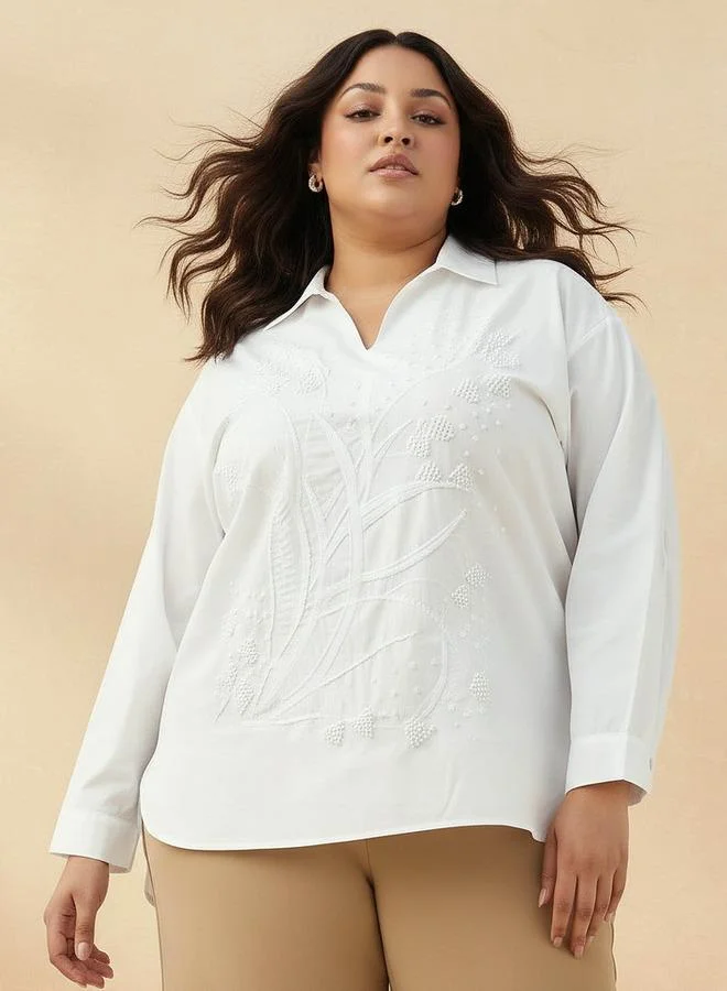 Ulla Popken Ulla Popken Relaxed Fit Cotton Top with Embellishment