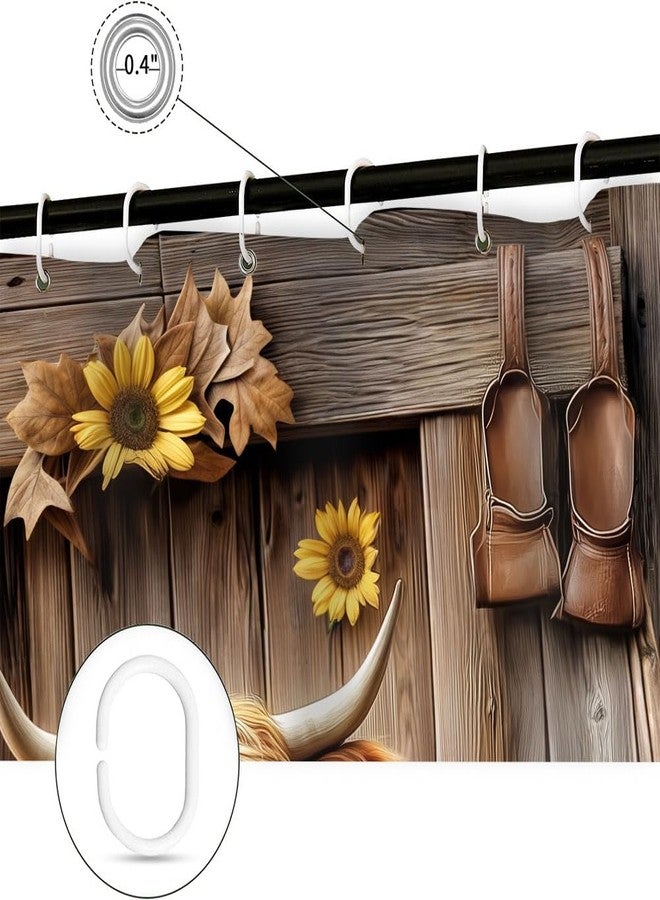 Wathon Western Highland Cow Shower Curtain with Farmhouse Barn Door, Southwest Country Ranch Bath Curtain with Cute Funny Farm Animals, Rustic Southwestern Theme Bathroom Decor Set with Hooks 70X70IN - Image 4