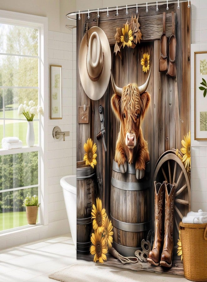 Wathon Western Highland Cow Shower Curtain with Farmhouse Barn Door, Southwest Country Ranch Bath Curtain with Cute Funny Farm Animals, Rustic Southwestern Theme Bathroom Decor Set with Hooks 70X70IN - Image 2