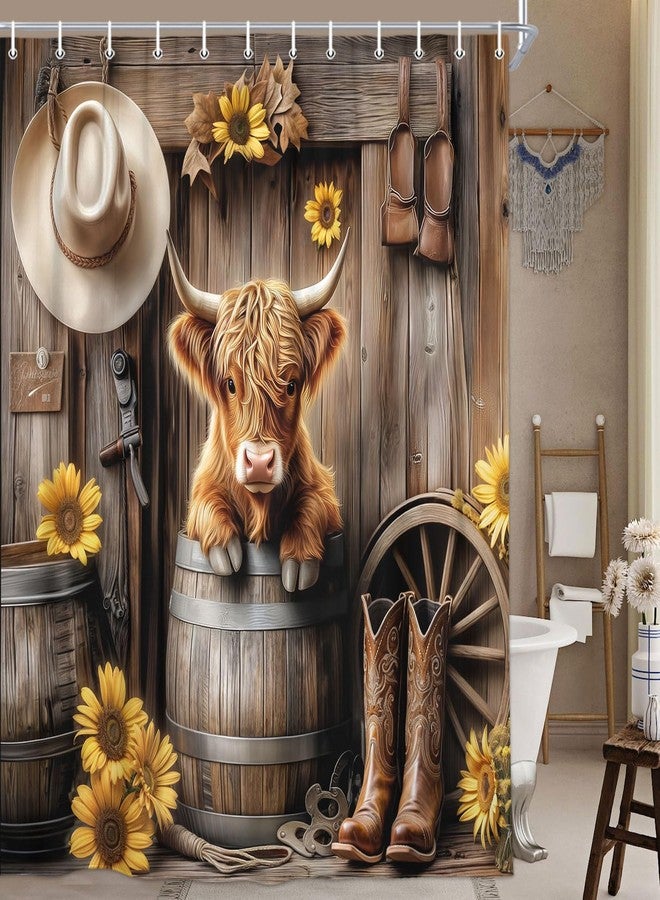 Wathon Western Highland Cow Shower Curtain with Farmhouse Barn Door, Southwest Country Ranch Bath Curtain with Cute Funny Farm Animals, Rustic Southwestern Theme Bathroom Decor Set with Hooks 70X70IN - Image 1
