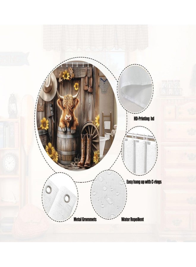 Wathon Western Highland Cow Shower Curtain with Farmhouse Barn Door, Southwest Country Ranch Bath Curtain with Cute Funny Farm Animals, Rustic Southwestern Theme Bathroom Decor Set with Hooks 70X70IN - Image 5