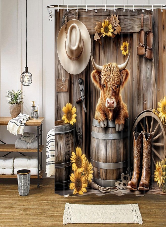 Wathon Western Highland Cow Shower Curtain with Farmhouse Barn Door, Southwest Country Ranch Bath Curtain with Cute Funny Farm Animals, Rustic Southwestern Theme Bathroom Decor Set with Hooks 70X70IN - Image 3