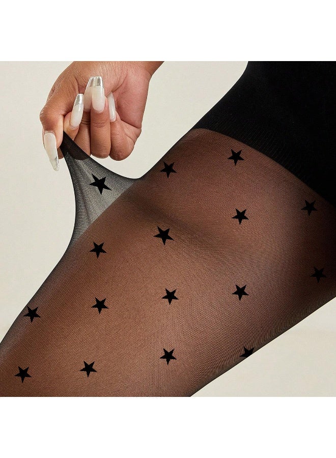 Five Point Star Jacquard Ultra Thin 0D Black Tights Flat Crotch Pantyhose Jacquard Stockings High Elastic Breathable Slim Fit Fashion Leggings - Image 4