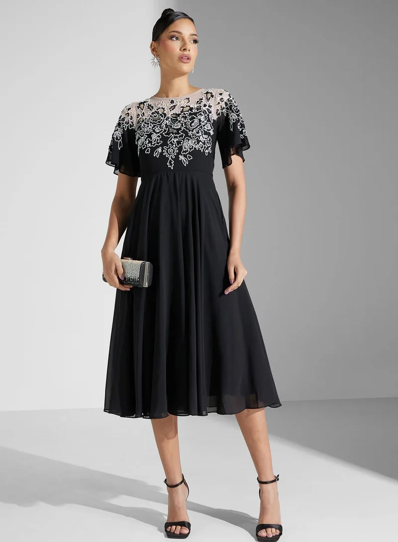 Frock and Frill Floral Trim Midi Dress