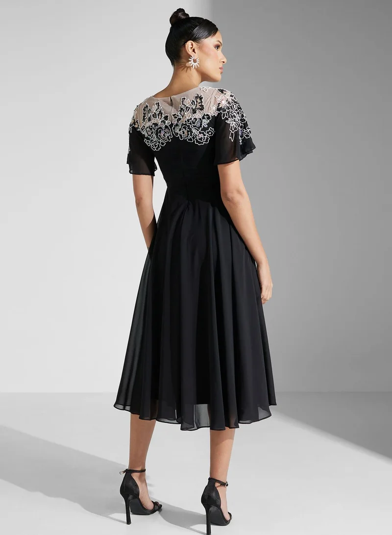 Frock and Frill Floral Trim Midi Dress