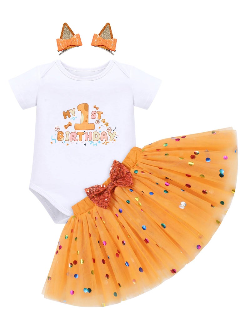 IMEKIS Baby Girl Half 1st 2nd Birthday Outfit Romper Confetti Tutu Skirt Dog Ears Hair Clips Cake Smash Photo Shoot, Orange - 1st Birthday, 12-18 Months - Image 1