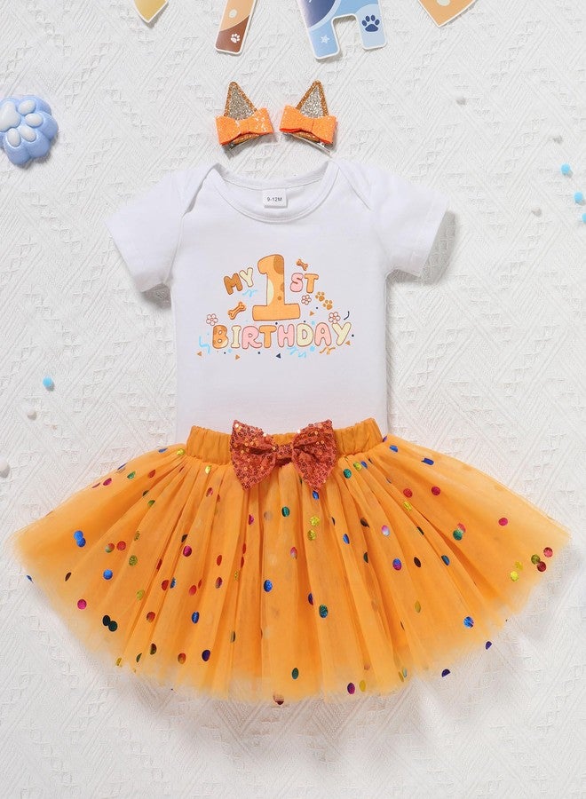 IMEKIS Baby Girl Half 1st 2nd Birthday Outfit Romper Confetti Tutu Skirt Dog Ears Hair Clips Cake Smash Photo Shoot, Orange - 1st Birthday, 12-18 Months - Image 2