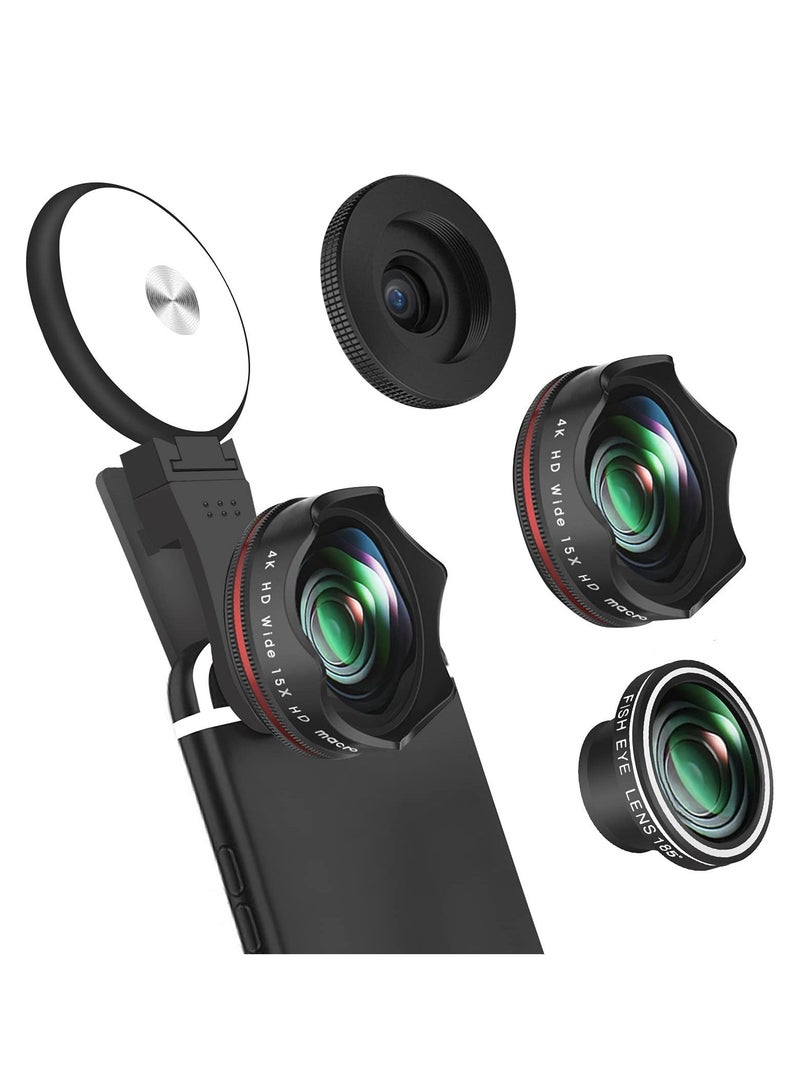 Y&D Phone Lens Kit 4K Wide Angle 10X Macro Screwed Together 198 degrees Fisheye with Selfie Ring Light Clip On CompatibleiPhone, Samsung, Android Smartphones  - Image 1