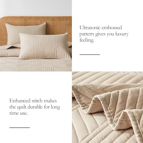 Davulos Queen Quilt Bedding Set,Beige Ultrasonic Full/Queen Quilt Set Reversible Microfiber Bedspread,Lightweight Soft Modern Geometric Coverlet Set for All Seasons(1 Quilt,2 Pillow Shams) - Image 5