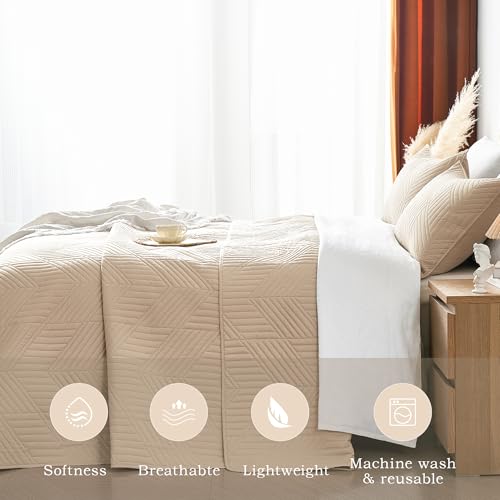 Davulos Queen Quilt Bedding Set,Beige Ultrasonic Full/Queen Quilt Set Reversible Microfiber Bedspread,Lightweight Soft Modern Geometric Coverlet Set for All Seasons(1 Quilt,2 Pillow Shams) - Image 3
