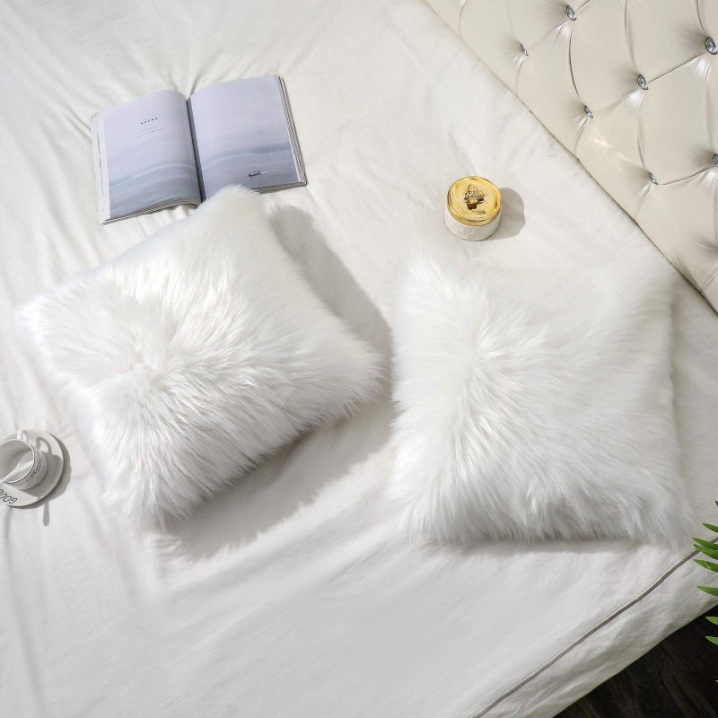 OYIMUA Set of 2 Luxury Soft Faux Fur Throw Pillow Covers Decorative Shaggy Fluffy Plush Cushion Case Aesthetic Farmhouse Pillowcase for Sofa Couch Bed Car White 20x20 - Image 3