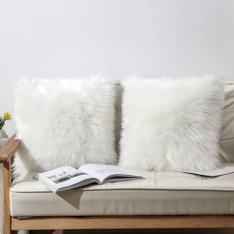 OYIMUA Set of 2 Luxury Soft Faux Fur Throw Pillow Covers Decorative Shaggy Fluffy Plush Cushion Case Aesthetic Farmhouse Pillowcase for Sofa Couch Bed Car White 20x20 - Image 1