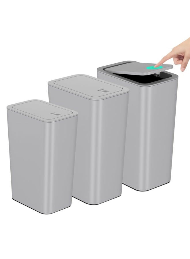 NetDot N. NETDOT Bathroom Trash Can with Lid 3 Pack Set, 2 Packs 4 Gal Slim Kitchen Trash Can and 1 Pack 2.6Gal Garbage Can, Small Trash Bin/Waste Basket for Bedroom (Grey, Pack of 3) - Image 1