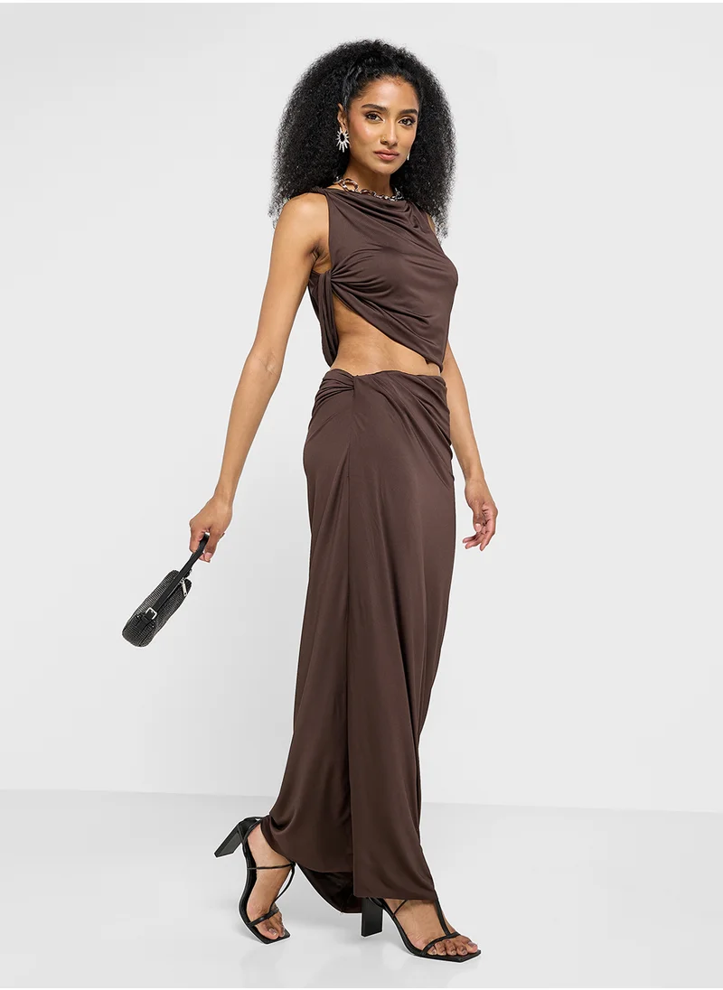 جينجر Assymetric Ruched Top & Maxi Skirt Co-Ord Set