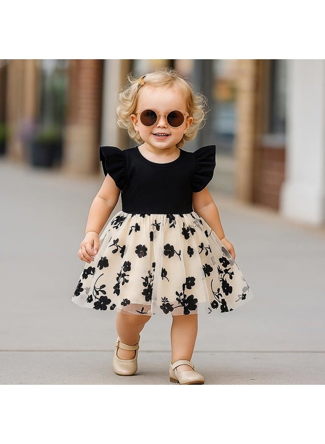 TENTIDE Baby Girl Butterfly Dress Tutu Ruffle Sleeveless Dresses Photograph Party Outfits Birthday Gift, Black Flower, 0-3 Months - Image 2