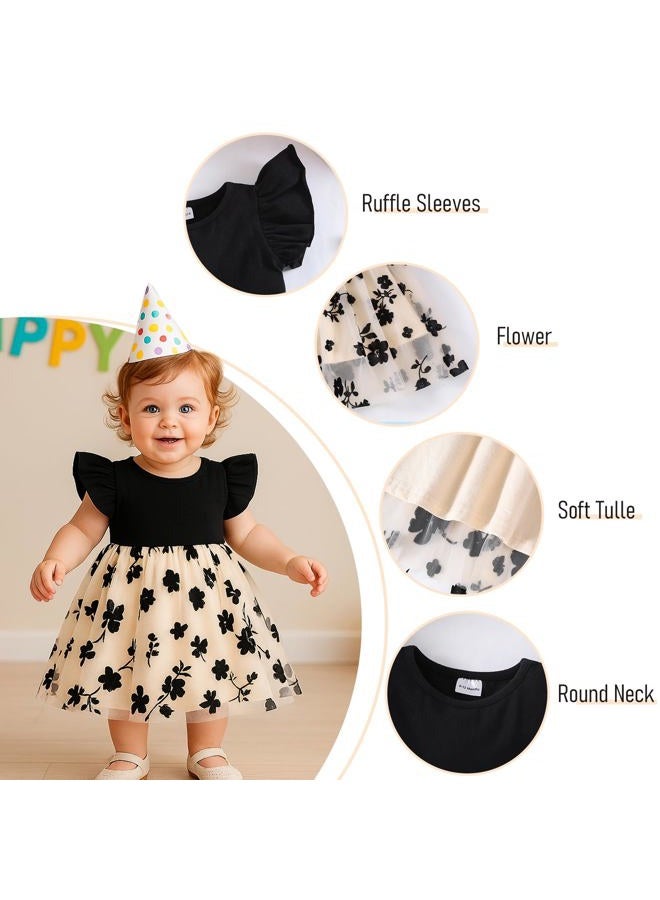 TENTIDE Baby Girl Butterfly Dress Tutu Ruffle Sleeveless Dresses Photograph Party Outfits Birthday Gift, Black Flower, 0-3 Months - Image 4