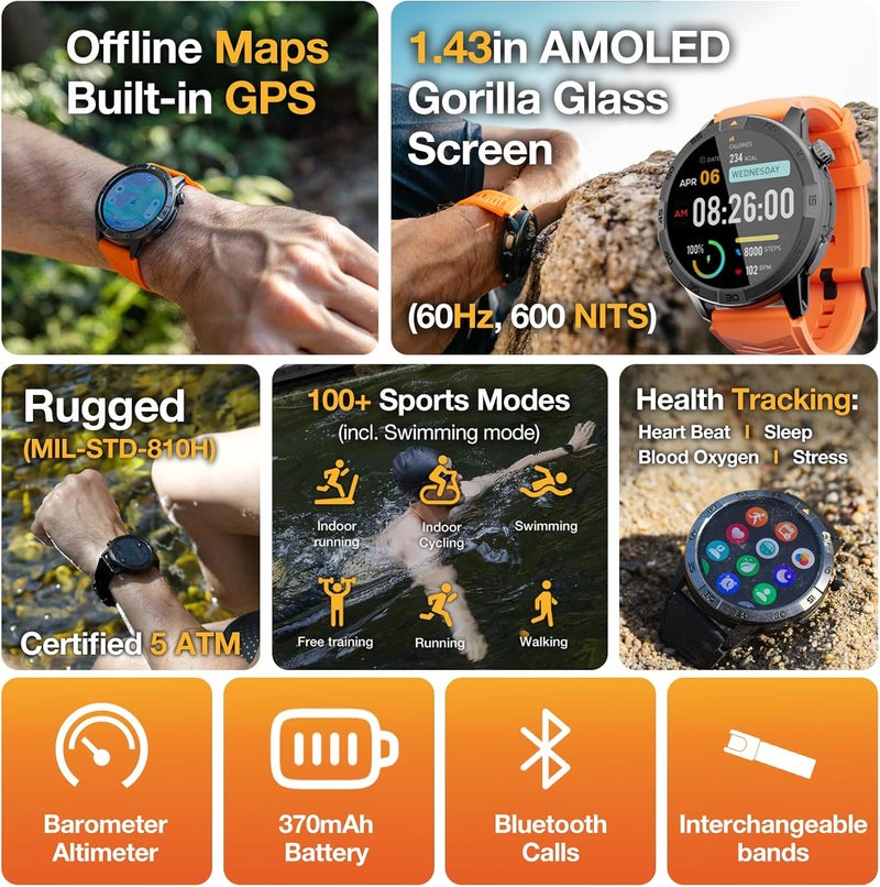 AGM ساعة AGM Legion Pro الذكية المتينة، شاشة AMOLED، مقاومة للماء 5ATM، GPS | خرائط بدون إنترنت | أكثر من 100 وضع رياضي | مكالمات بلوتوث | SpO2 | معدل ضربات القلب | مراقبة الإجهاد | واجهة DIY | الطقس - Image 2