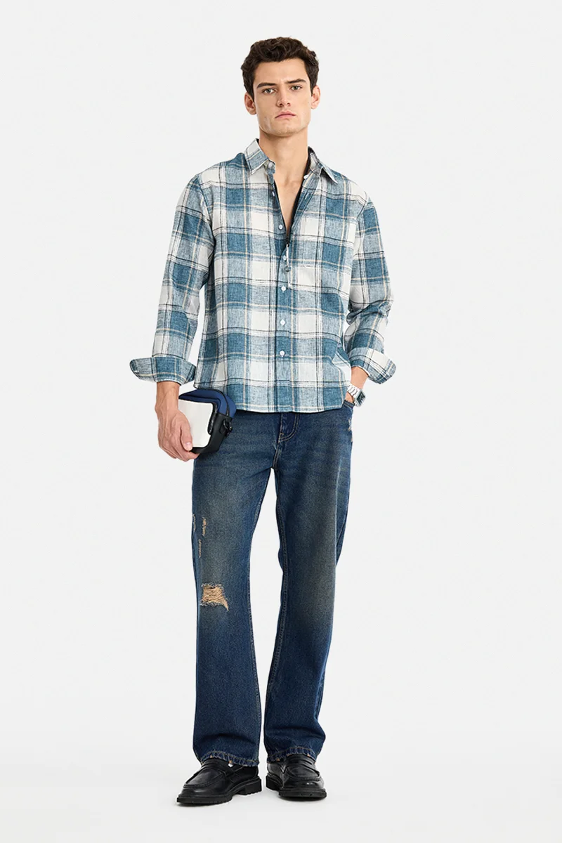 سنيتش Grey Checkered Long Sleeve Regular Fit Casual Shirt
