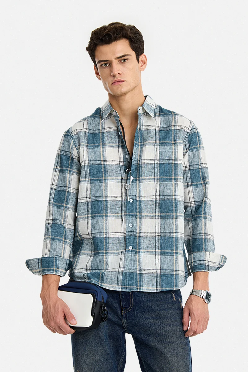 سنيتش Grey Checkered Long Sleeve Regular Fit Casual Shirt