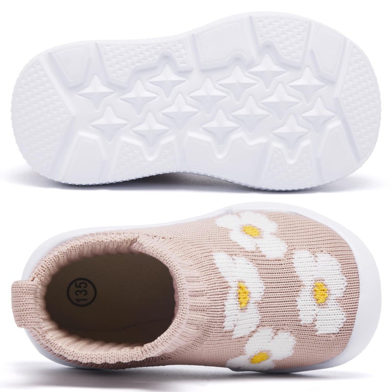 MORENDL Toddler Sock Shoes Baby Walking Shoes Infant Slippers Boys & Girls Non-Slip Sneakers Beige Flower 9-12 Months - Image 4