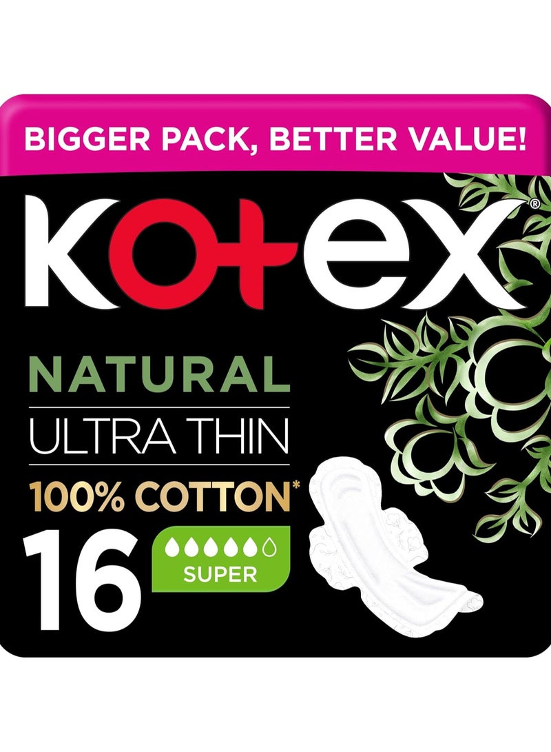 Kotex Natural Ultra Thin Pads, Super Size Sanitary Pads with Wings - Image 1