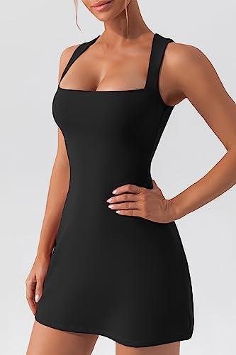 QINSEN Womens Square Neck Sexy Bodycon Dress Soft Stretch Above Knee Length Tennis Dress Black M - Image 4