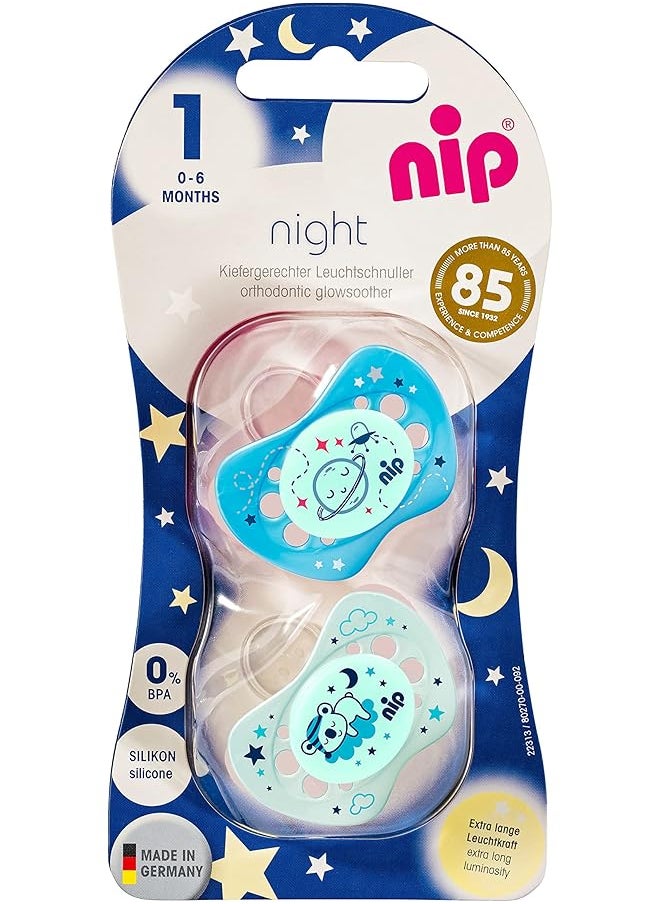 nip Night Soothers Silicone Glow In The Dark 0 6M Made In Germany Planets And Clouds 2 Pcs  - Image 1