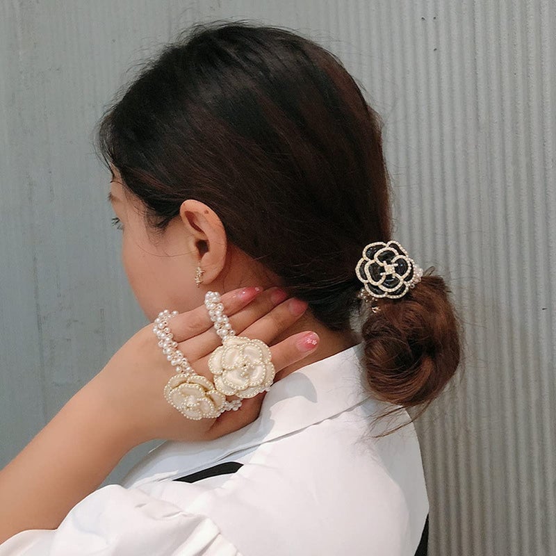 Xiwstar 3Pcs Elastic Beaded Bracelet Bow Hair Tie Bands Crystal Rhinestone Flower Hair Scrunchies Pigtail Ties Ponytail Holder Bowknot Headband Hairband for Women Girls Hair Accessories (Floral) - Image 2