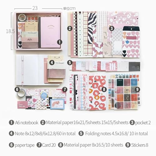yifely Paper Vintage Aesthetic Scrapbook Kit Scrapbooking Supplies Kit with Bullet Junk Journal,Stationery,A6 Grid Notebook with Graph Ruled Page DIY Journaling Gift for (Warm Greetings, Pink) - Image 5