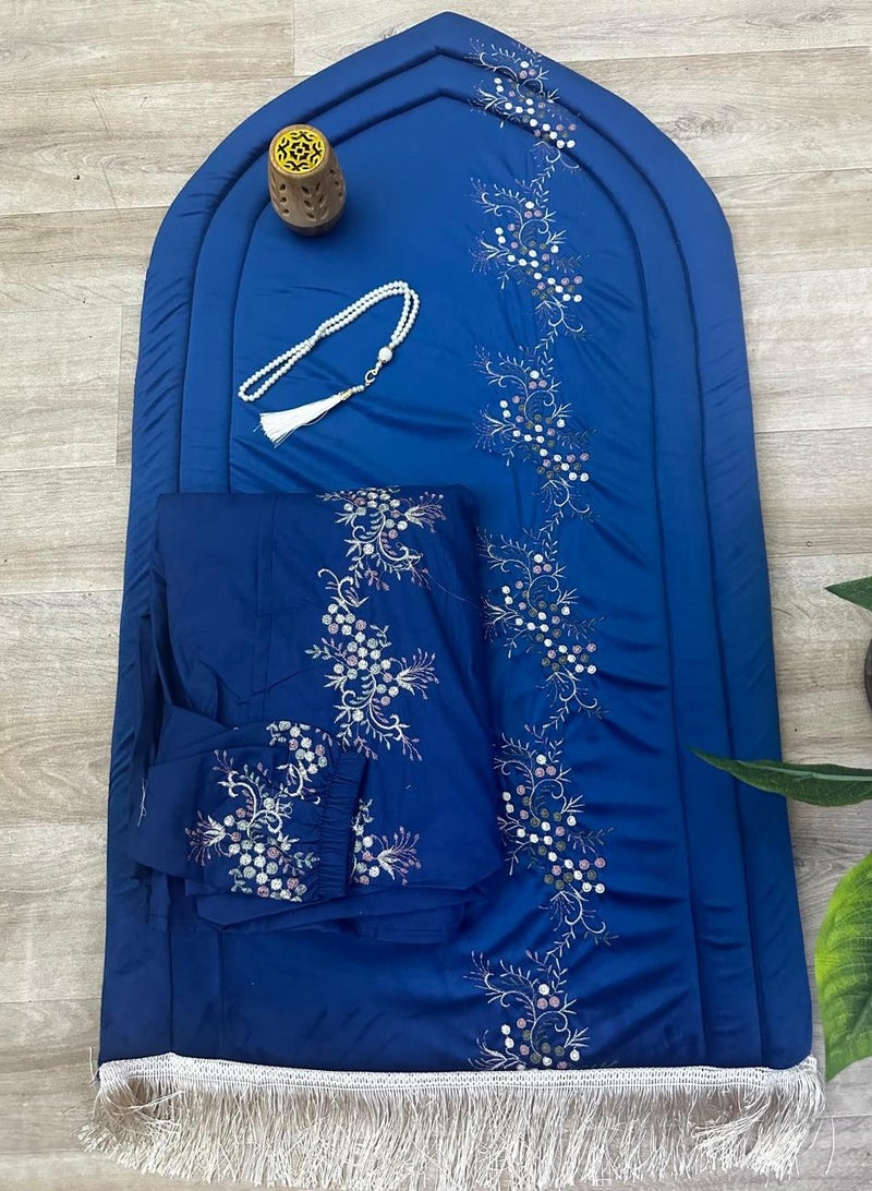 Prayer set consisting of a padded embroidered sponge prayer rug with an embroidered prayer sheet, made of excellent, soft, cool material that provides you with comfort, an incense burner, and a prayer beads.