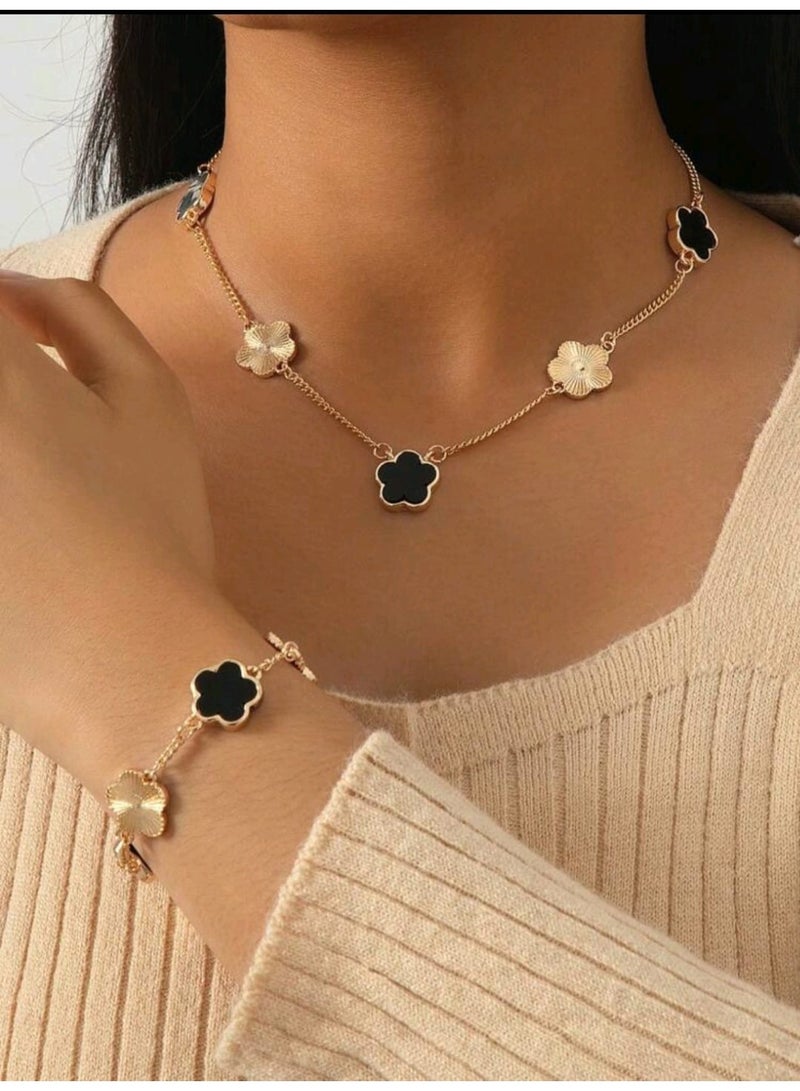 Shein 1 Set Metal Clover Flower Bracelet & Necklace - Image 1