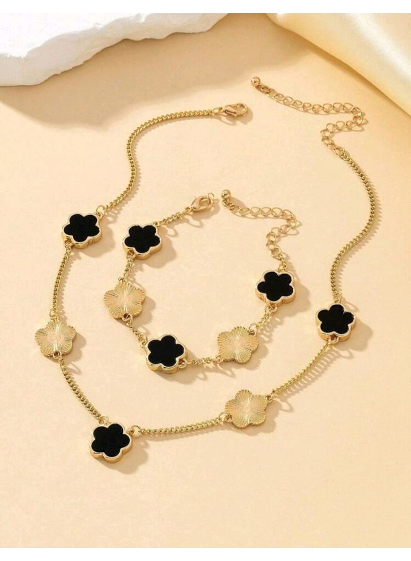 Shein 1 Set Metal Clover Flower Bracelet & Necklace - Image 4