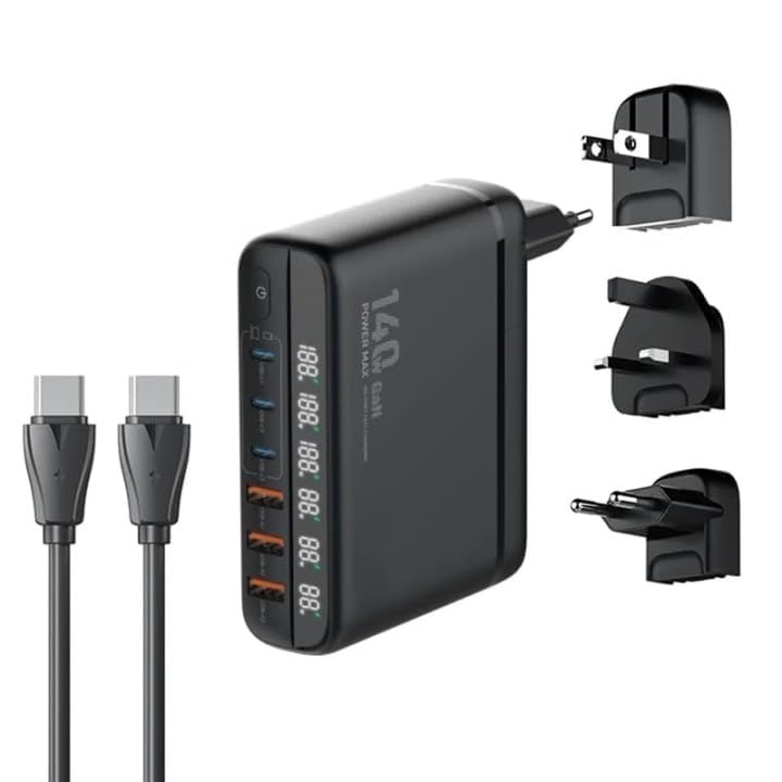 FACTOTECH GaN 140W USB C Charger 6 Port LED USB Charging Fast Charging USB C Laptop Charger Replaceable Indian Plug for MacBook Pro/Air, Dell XPS,i-Phones 15 Pro,i-pad pro,Galaxy,Pixel,Smartphones - Image 1