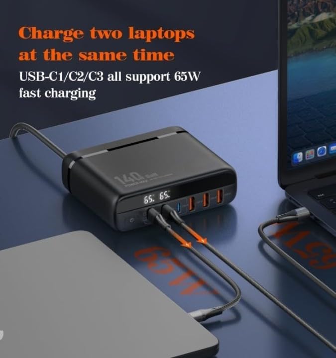 FACTOTECH GaN 140W USB C Charger 6 Port LED USB Charging Fast Charging USB C Laptop Charger Replaceable Indian Plug for MacBook Pro/Air, Dell XPS,i-Phones 15 Pro,i-pad pro,Galaxy,Pixel,Smartphones - Image 2