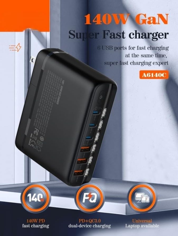 FACTOTECH GaN 140W USB C Charger 6 Port LED USB Charging Fast Charging USB C Laptop Charger Replaceable Indian Plug for MacBook Pro/Air, Dell XPS,i-Phones 15 Pro,i-pad pro,Galaxy,Pixel,Smartphones - Image 4