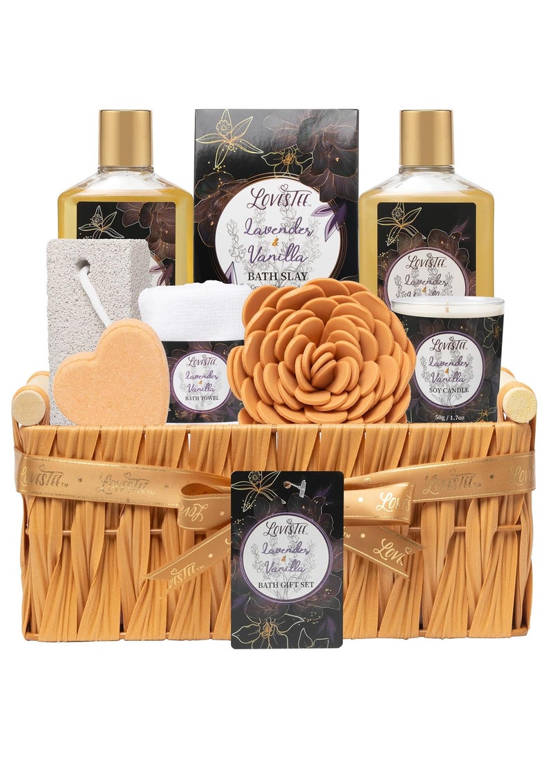 Lovestee - Valentines Day Spa Gift Baskets For Women Spa Gifts For Women lavender  vanilla Bath And Body Set Includes Shower Gel Bath Towel Pumice Stone Bubble Bath And More Gifts For Women Gift For Mom - Image 1