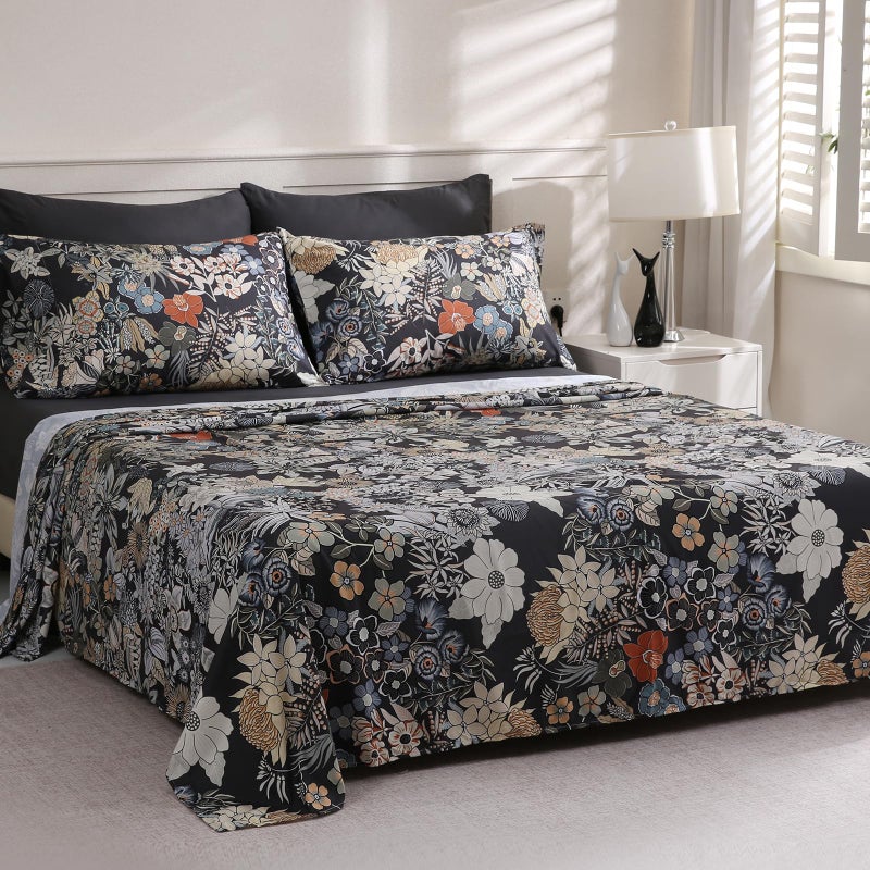 LONAVA Flower King Size 6 Pcs Sheet Set, Breathable Microfiber Deep Pocket Black Fitted Sheets, Comfy & Breathable Patterned Flat Sheets,4 Gentle Soft Pillowcases, Midnight Blossoms - Image 3