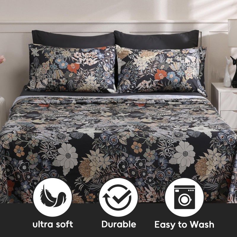 LONAVA Flower King Size 6 Pcs Sheet Set, Breathable Microfiber Deep Pocket Black Fitted Sheets, Comfy & Breathable Patterned Flat Sheets,4 Gentle Soft Pillowcases, Midnight Blossoms - Image 5