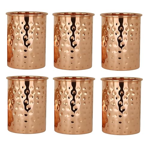 Adoko 100% Pure Copper Hammered Tumbler 300ml | Ayurvedic Drinking Glass for Water | Traditional Handcrafted Copper Utensil – 6Pcs Set - Image 1