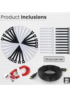Home Smart 50 Piece Reusable Fastening Cable Ties Microfiber Cloth 6 Inch Hook and Loop Cord Black and White  - Image 4