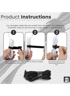 Home Smart 50 Piece Reusable Fastening Cable Ties Microfiber Cloth 6 Inch Hook and Loop Cord Black and White  - Image 5