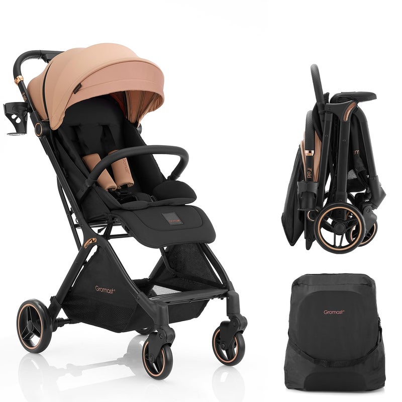 Gromast Gravity Folding Baby Stroller - Portable Travel Toddler Stroller w/Adjustable Backrest, Canopy & Cup Holder, Lightweight and UV Protected, One-Hand Automatic Folding - Khaki - Image 1