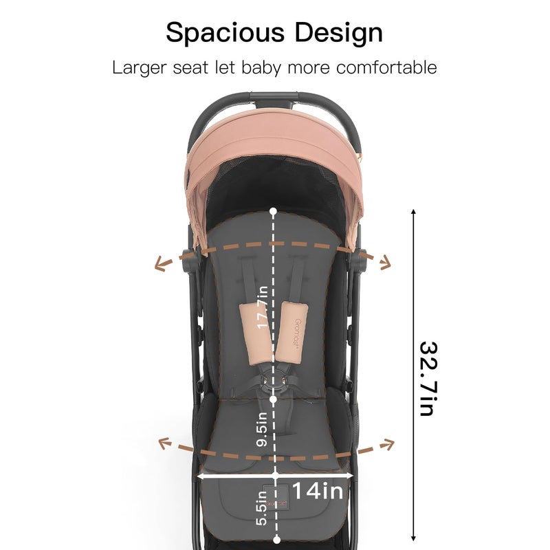 Gromast Gravity Folding Baby Stroller - Portable Travel Toddler Stroller w/Adjustable Backrest, Canopy & Cup Holder, Lightweight and UV Protected, One-Hand Automatic Folding - Khaki - Image 2