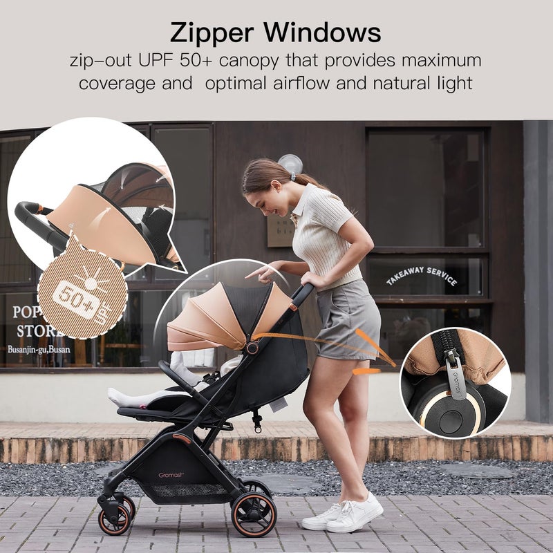 Gromast Gravity Folding Baby Stroller - Portable Travel Toddler Stroller w/Adjustable Backrest, Canopy & Cup Holder, Lightweight and UV Protected, One-Hand Automatic Folding - Khaki - Image 4