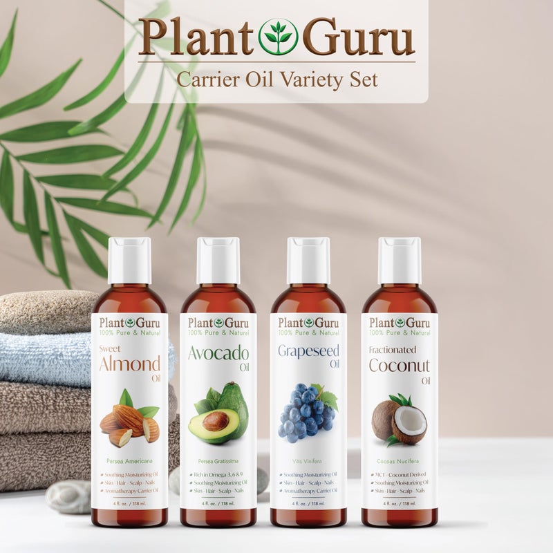 Plant Guru Carrier Oil Variety Set 4 oz. Cold Pressed 100% Pure Natural Sweet Almond, Avocado, Coconut Fractionated, Grapeseed. for Aromatherapy Essential Oils, Skin & Hair Growth, Moisturizer, Body Massage. - Image 3