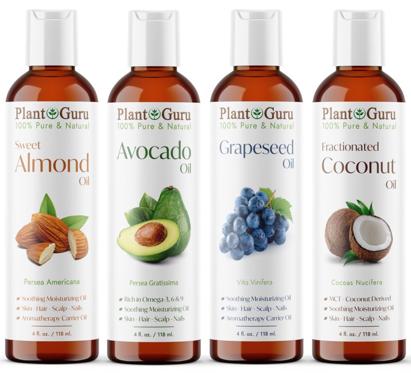 Plant Guru Carrier Oil Variety Set 4 oz. Cold Pressed 100% Pure Natural Sweet Almond, Avocado, Coconut Fractionated, Grapeseed. for Aromatherapy Essential Oils, Skin & Hair Growth, Moisturizer, Body Massage. - Image 1