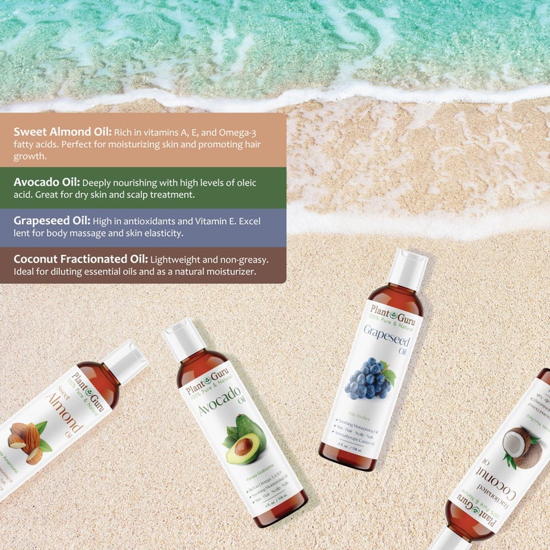 Plant Guru Carrier Oil Variety Set 4 oz. Cold Pressed 100% Pure Natural Sweet Almond, Avocado, Coconut Fractionated, Grapeseed. for Aromatherapy Essential Oils, Skin & Hair Growth, Moisturizer, Body Massage. - Image 4
