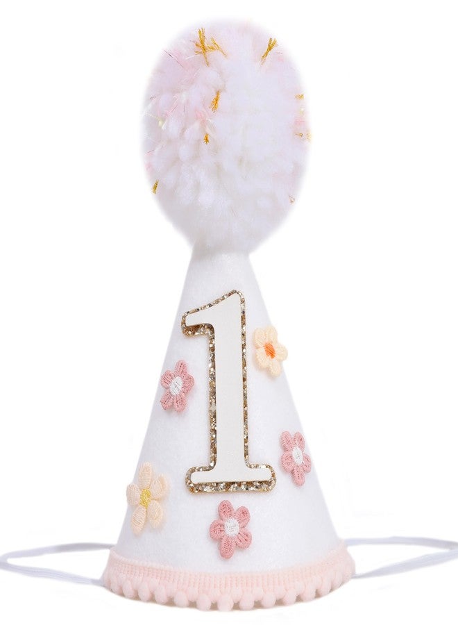 YOUAME Boho Daisy Flower Birthday Party Hat For Girls - Floral First Birthday Decorations, Boho Daisy Felt One Year Cone Hat, Groovy Flower Cake Smash Photo Props - Image 1